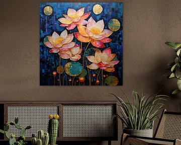 Blüte in Blau | Lotusblütenkunst von Abstraktes Gemälde