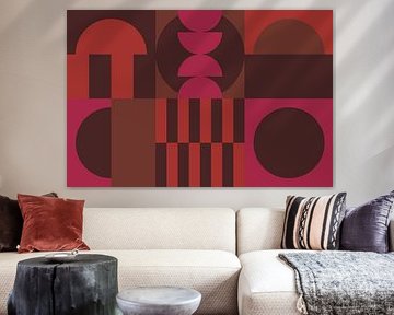Verbrand oranje, bruin, wijnrood, paars. Geometrische kunst in 70s retro kleuren van Dina Dankers