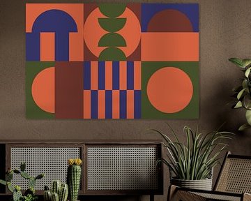Groen, blauw, oranje, bruin II. Geometrische kunst in 70s retro kleuren van Dina Dankers