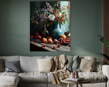 Colourful still life with flowers and fruit by Studio Allee