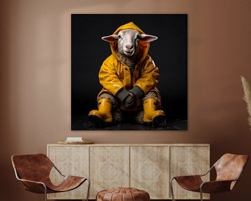 Schaf mit Gummistiefel und Regenjacke von YArt