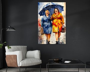 2 gezellige dames wandelen in de regen met een paraplu van De gezellige Dames