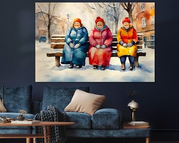 3 gezellige dames op een bankje in de sneeuw van De gezellige Dames