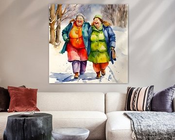 2 sociable ladies walking in the snow by De gezellige Dames