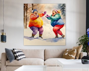2 ladies throwing snowballs by De gezellige Dames