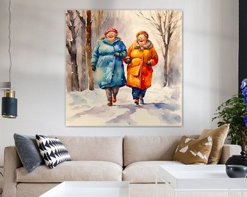 2 femmes sociables faisant de la randonnée en hiver sur De gezellige Dames