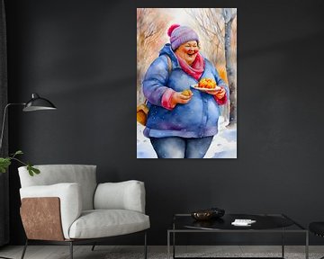 cosy lady eats oliebollen in the snow by De gezellige Dames