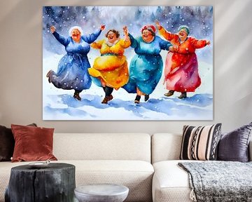 4 dames dansen in de sneeuw van De gezellige Dames