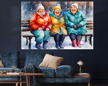 3 ladies on a bench in the snow by De gezellige Dames