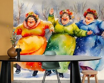 3 gezellige dames dansen in de sneeuw van De gezellige Dames