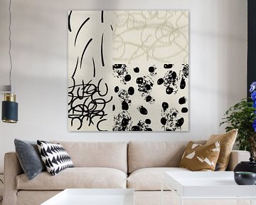 Abstract kunstwerk met diverse vormen en lijnen in zwart en beige van Imaginative