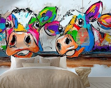 Kleurrijke Koeien op een Rij | Panorama van Vrolijk Schilderij