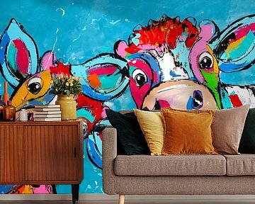 Kleurrijke Koeien | Blauw van Vrolijk Schilderij