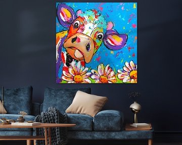 Colorful Cow with Flowers by Vrolijk Schilderij