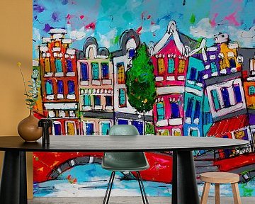 Kleurrijke Amsterdamse Grachten | Blauw van Vrolijk Schilderij