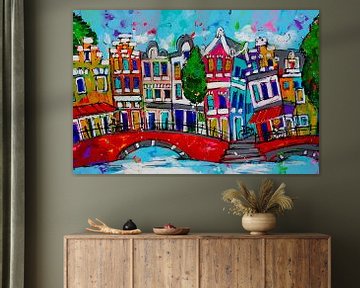 Bunte Amsterdamer Grachten | Blau von Vrolijk Schilderij