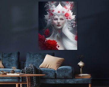 Fantasy portret van een elfprinses met rode bloemen. van Brian Morgan