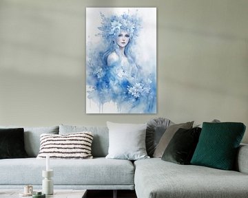 Fantasie elfje in mooie blauwe pasteltinten als waterverf portret.