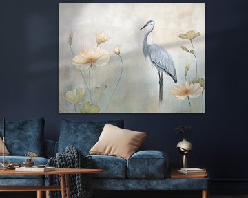 Japandi, Heron and Lotus Flowers by Caroline Guerain
