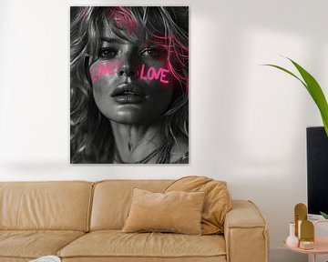 Portret van Brigitte Bardot met in neon het woord LOVE op haar gezicht geschreven van Carla Van Iersel