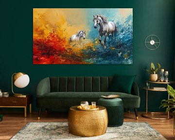 Paarden in een spetterende waterverf duo kleur omgeving. van Harry Stok