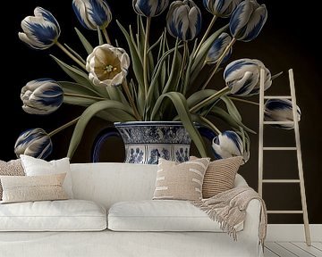 Delfts blauwe vaas met witte tulpen van Rene Ladenius Digital Art