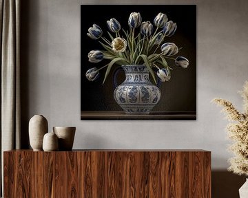 Delfter Blau Vase mit weißen Tulpen von Rene Ladenius Digital Art