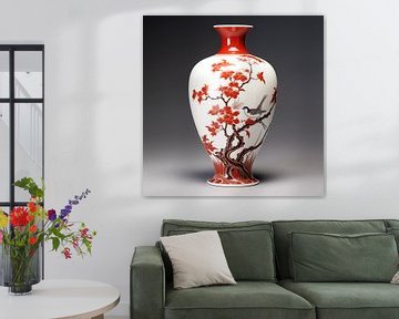 Chinese vase red/white dark background by The Xclusive Art