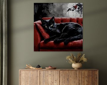 Zwarte kat op een rode bank van S.AND.S