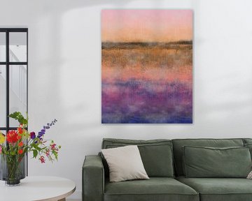 Colorful abstract minimalist landscape in pink, purple, blue, gold and brown by Dina Dankers