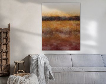 Abstract minimalist landscape in terra, dark yellow, brown. by Dina Dankers