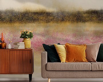 Abstract minimalist landscape in grey, yellow, pink, brown.
