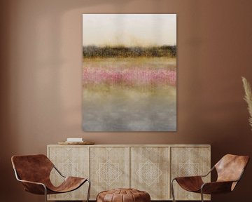 Paysage minimaliste abstrait en gris, jaune, rose, marron. sur Dina Dankers
