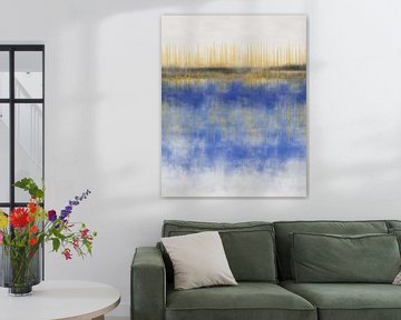 Abstrakte minimalistische Landschaft in Kobaltblau, Gelb und Braun. von Dina Dankers