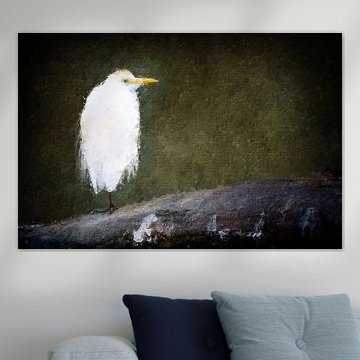 Kuhreiher auf einem Baumstamm (Kunst)