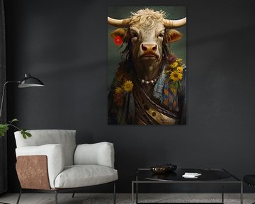 Highland cow with flowers by haroulita