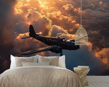 Een antiek vliegtuig zweeft door de lucht getooid in tinten van oranje. van Digitale Schilderijen