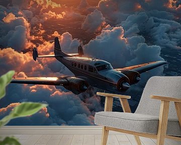 Oud WW2 vliegtuig vliegt tijdens de zonsopkomst van Digitale Schilderijen