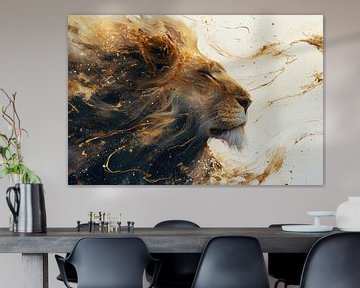 Digitaal abstract kunstwerk van een leeuw met magisch goud van Digitale Schilderijen