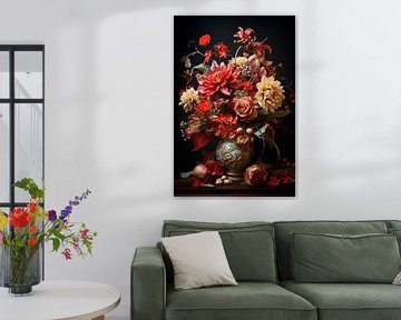 Bouquet Golden Age Autumn Red dahlia and rose by Marianne Ottemann - OTTI