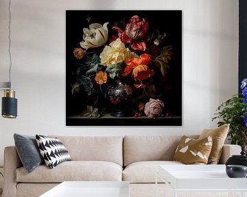 Vaas met bloemen zwarte achtergrond van TheXclusive Art