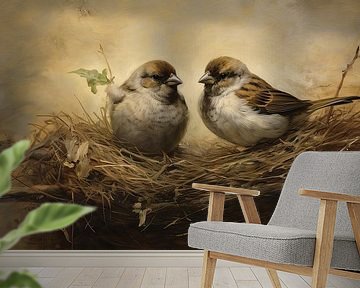 Sparrows in Nest by Blikvanger Schilderijen