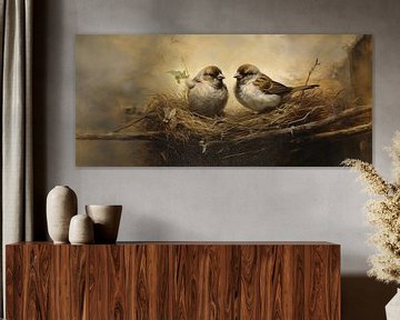 Sparrows in Nest by Blikvanger Schilderijen