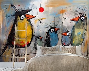 Bird row | Colourful bird painting by Blikvanger Schilderijen