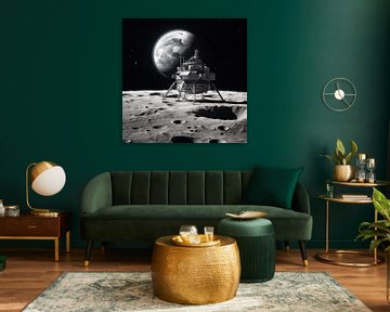 Maan Lunar lander met uitzicht op de aarde zwart-wit van TheXclusive Art