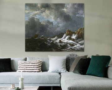 Gezicht op de kust van Noorwegen of Een stormachtige zee bij de kust, Jacob van Ruisdael