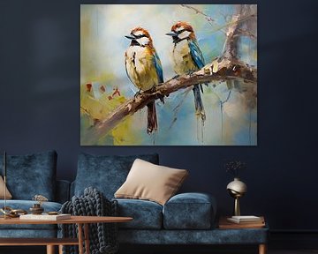 Deux oiseaux colorés | Oiseaux de l'impressionnisme sur Blikvanger Schilderijen