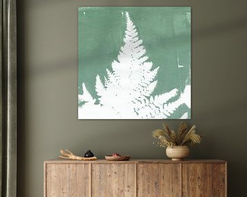 Botanical art in Japandi style. Fern leaf in mint green and white by Dina Dankers