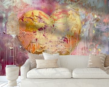 Golden Heart - Romantic Pink Abstract Painting by Joriali Abstract