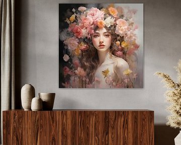 Meisje met bloemen lichte roze kleuren van The Xclusive Art